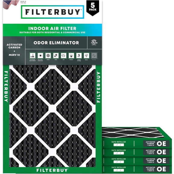 Filterbuy 10x20x1 Air Filter MERV 10 Odor Defense, Pleated HVAC AC Furnace Filter Replacement, 5-Pack