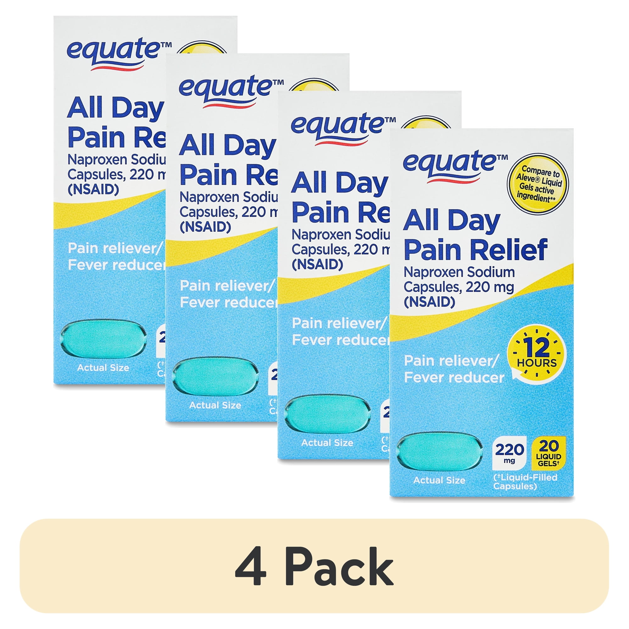 (4 pack) Equate All Day Pain Relief Naproxen Sodium Liquid Gels, 220 mg, 20 Count, Compare to ALEVEÂ® Liquid Gels Active Ingredient