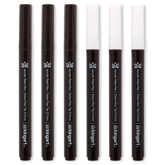 KINGART® PRO Extra Fine Point Acrylic Paint Pen Markers, Black & White, Set of 6 (3 each)