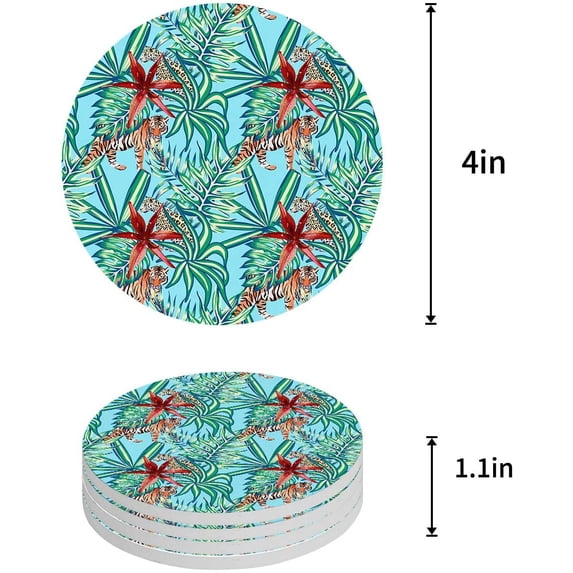 FMSHPON Leopard Tropical Plants Set of 8 Round Coaster for Drinks, Absorbent Ceramic Stone Coasters Cup Mat with Cork Base for Home Kitchen Room Coffee Table Bar Decor