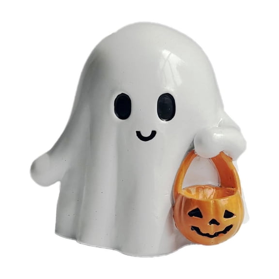 Cute Ceramic Halloween Ghost Figurine with Pumpkin Basket – Adorable Decorative Ornament for Home, Office, Party Table, Holiday Decor