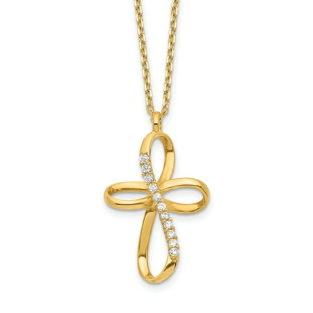 14K Yellow Gold Ribbon Cross Cubic Zirconia Slide with 2In Extender Necklace