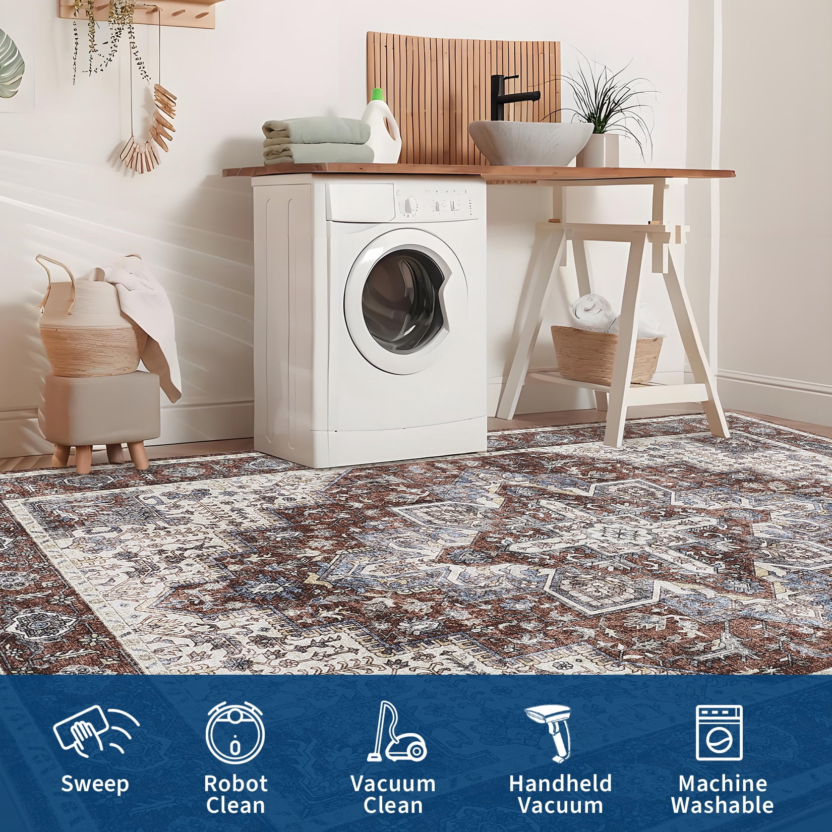 FairOnly 5'x7'Vintage Distressed Floral Machine Washable Area Rug for Bedroom Non Slip Low Pile Floor Cover for Dinning Room Kitchen Living Room,Red