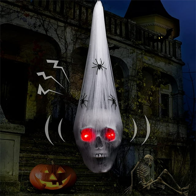 xiaxaixu Décoration de Crâne d'Halloween, Décorations de Crâne d'Halloween Activées par la Voix avec Yeux Rouges LED Fausse Araignée, Décorations de Maison Hantée