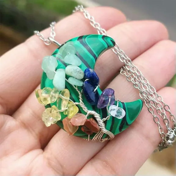 Chakra Crystal Gem Stone Tree of Life Moon Necklace Pendant Reiki Healing Amulet