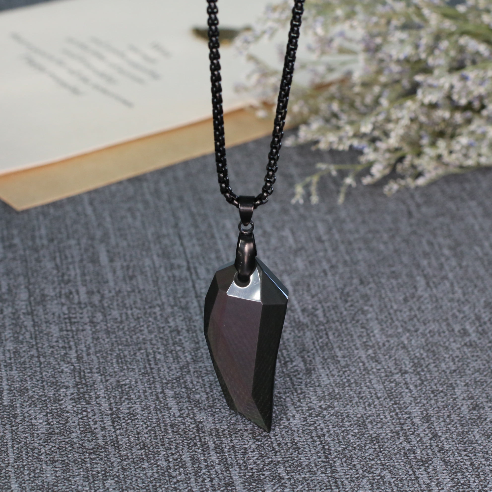 COAI Stainless Steel Wolf Tooth Amulet Obsidian Stone Pendant Necklace