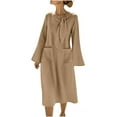thumbnail image 2 of Danhjin Women's Summer Long Sleeve Linen Flowy V Neck Tank Dress Casual Loose A-Line Midi Long Beach With Hem Dress Vacation Outfits Wrinkle-Free, 2 of 7