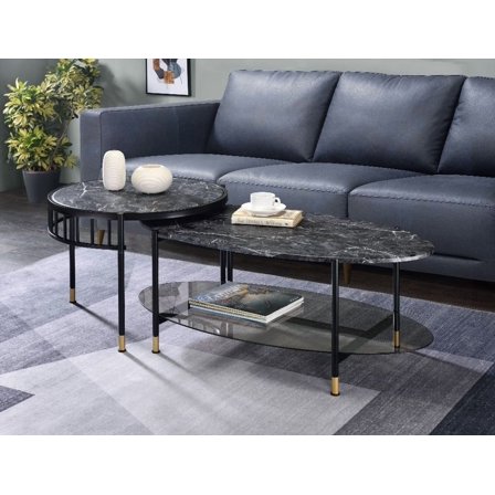 Modern Black Nesting Table with Engineered Stone Top (2-Piece Set)