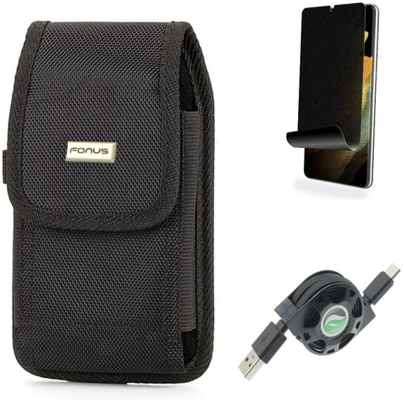 Case Belt Clip & Privacy Screen Protector & USB Cable for Samsung Galaxy S21 Ultra Phone - Rugged Holster & TPU Film Fingerprint Works & Retractable Type-C Accessory Bundle
