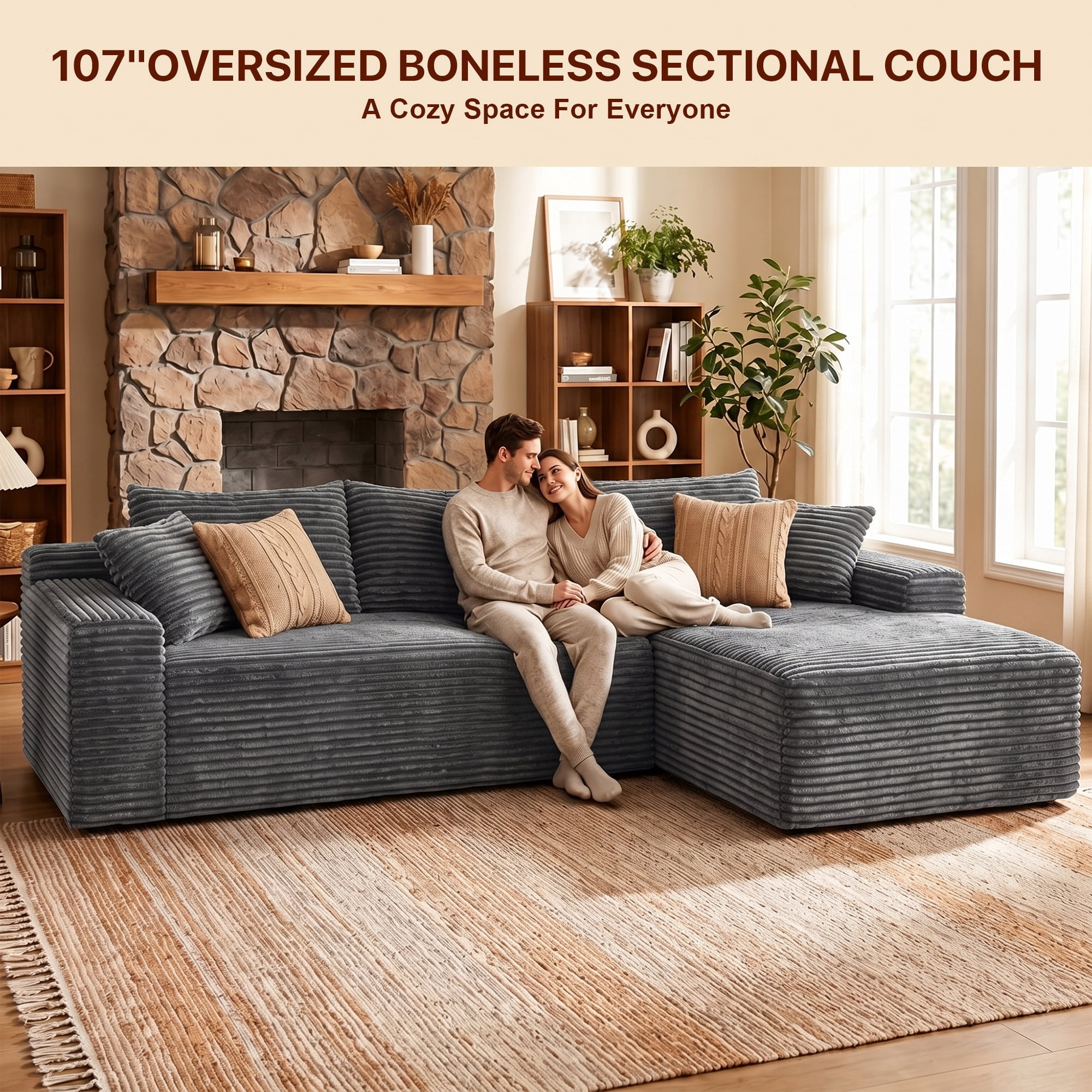 Aukfa 108" Cloud Sectional Sofa Oversized Boneless Couch Modular L-Shaped Sofa, Right Chaise Corduroy Sofa for Living Room, Dark Gray