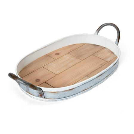 Large Oval Tray - Elements 20.5 Inch Oval Wood and Galvanized Metal Tray
