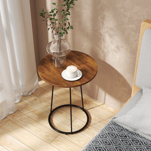 Manora Round End Table Small Side Table for Living Room Bedroom Corner Table Drink Table, Red Brown Oak Finish