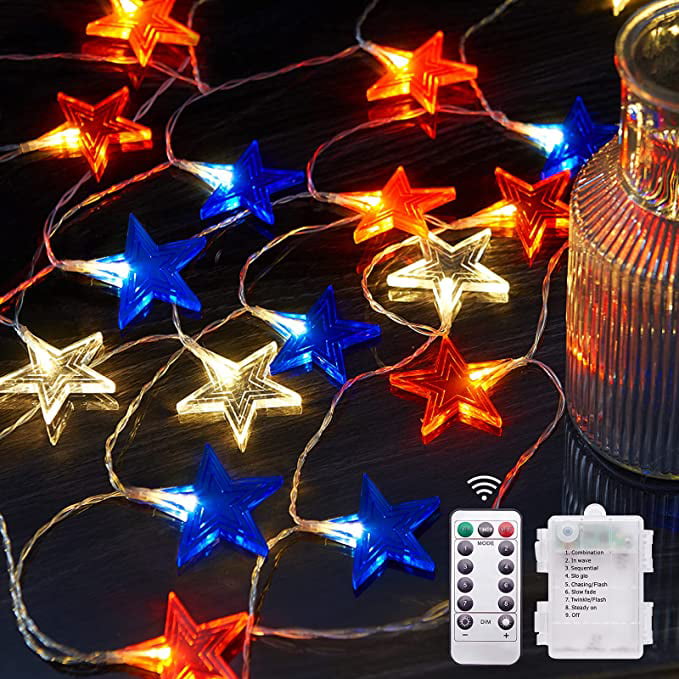 2 Pack Patriotic Mini Star LED Light Strings Battery Operated Red White Blue 