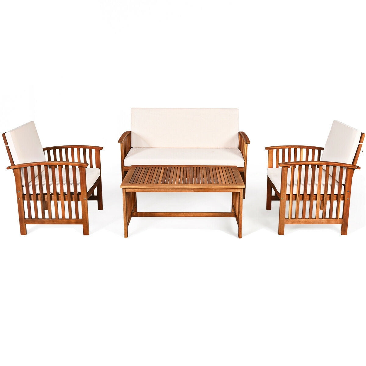 Gymax 8PCS Wooden Patio Conversation Set Outdoor Furniture Set w/ Cushions White