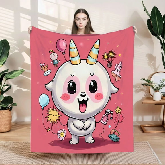 Cute Cartoon Character Flannel Blanket - Soft Warm and Cozy for Sofa Travel Bed Chair - Whimsical Design with Colorful Horns