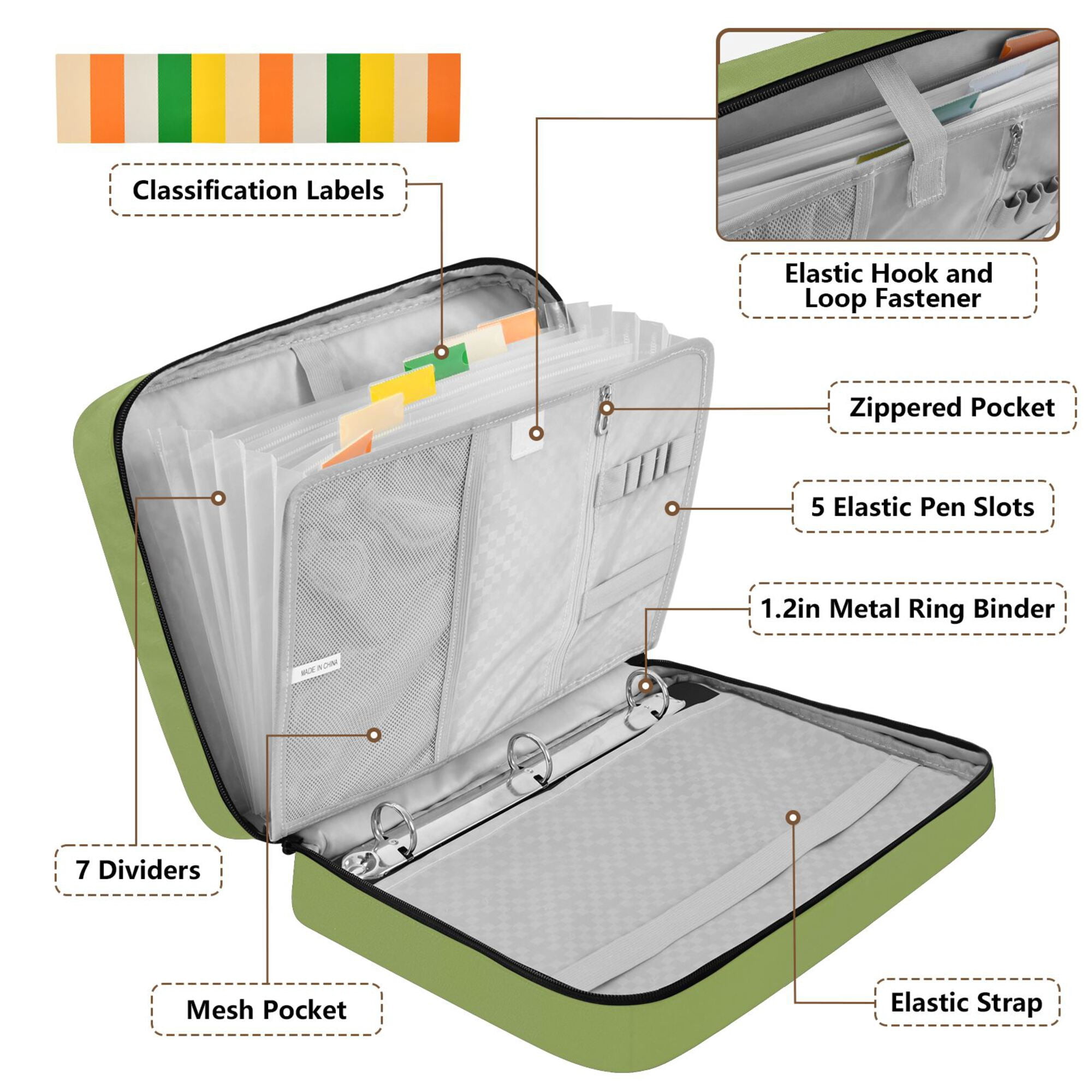 FORMRS Accordion File Folder A4 Size 7-Pocket Expanding Document Organizer Bag with 3 Ring Binder, Martini with Olive