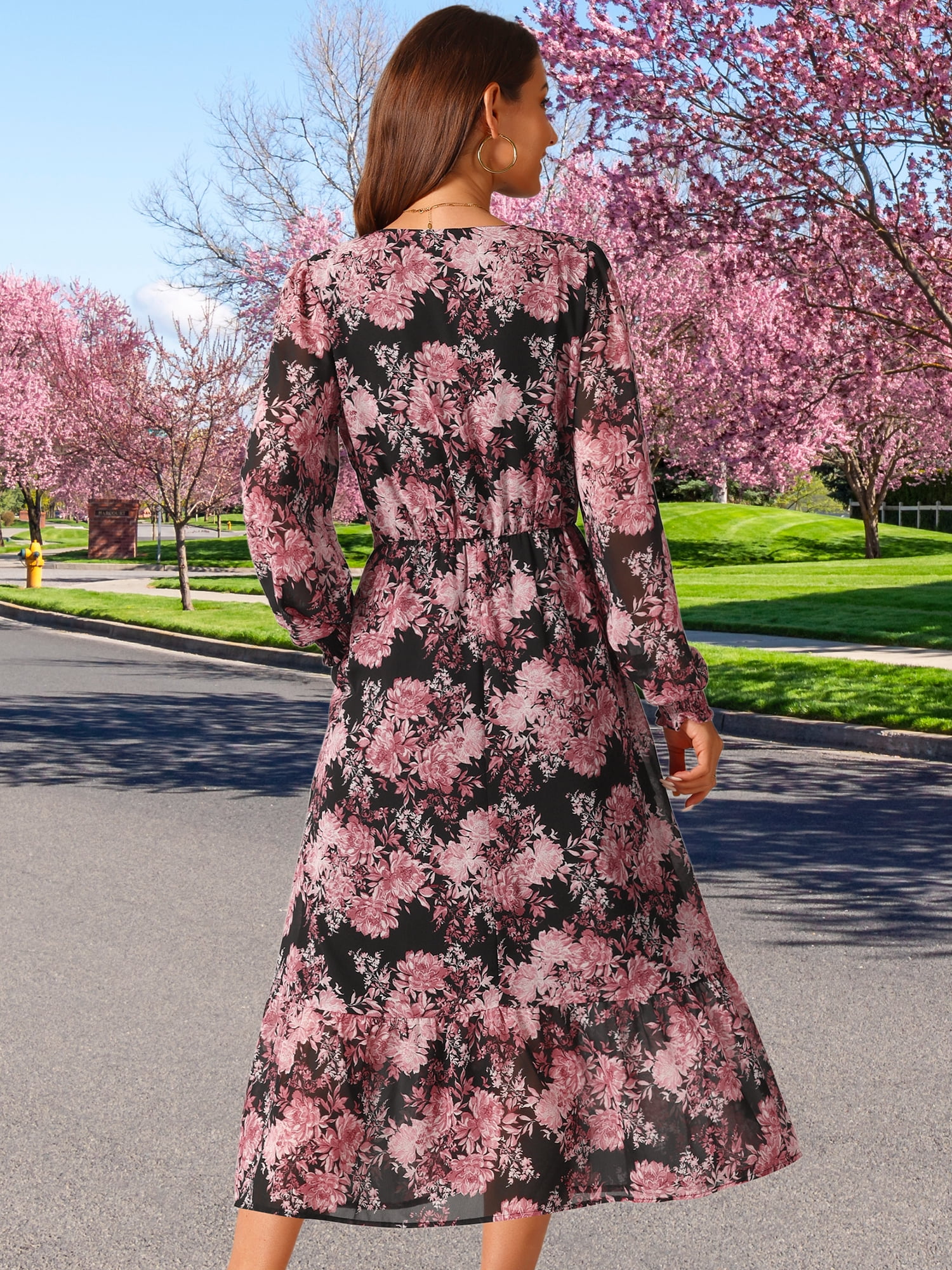 DARING DIVA Long Sleeve Floral V Neck Boho Chiffon Midi Dress XL Black