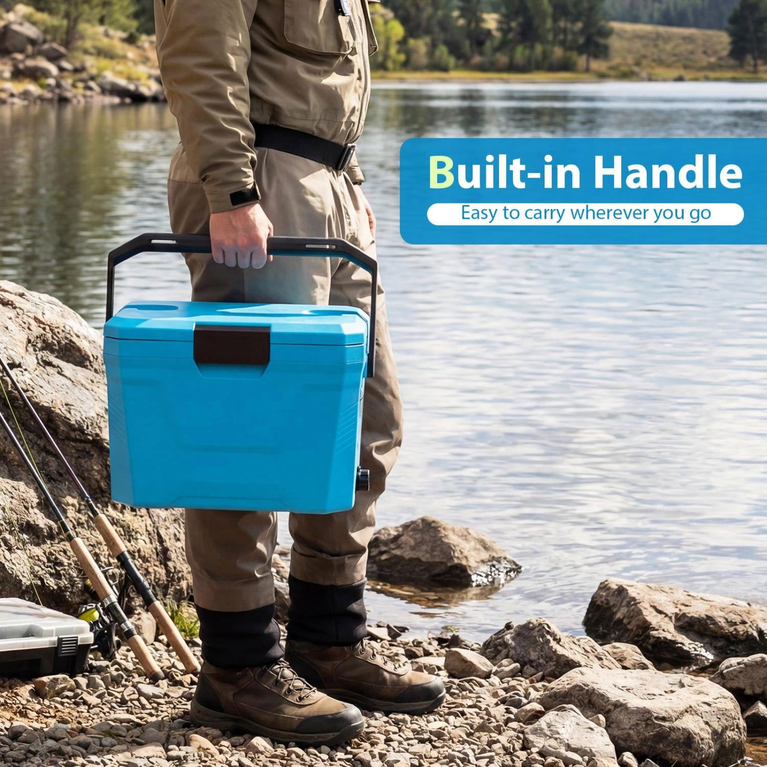 Resenkos Insulated Hard Shell Portable Cooler Ice Chest with 2 Cup Holders, Leak Proof Outdoor Cooler for Camping, Beach and Picnics, Blue