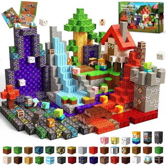 Annexfun Blocs de Construction Magnétiques - 150 Pcs Blocs Magnétiques Cubes Forêt Violet Portail Château Jouets de Construction - Jouet Montessori Tige Magnétique pour Enfants Âges 3 4 5 6 7 8 9 10 Cadeaux de Noël Anniversaire