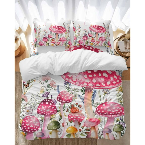 Watercolor Mushroom Bedding Duvet Cover Set Queen Size 4 Pieces Pink Flower Butterfly Ladybug Bedding Set with Zipper Closure, 1 Comforter Cover 90x92 Inches 1 Flat Sheet & 2 Pillow Cases
