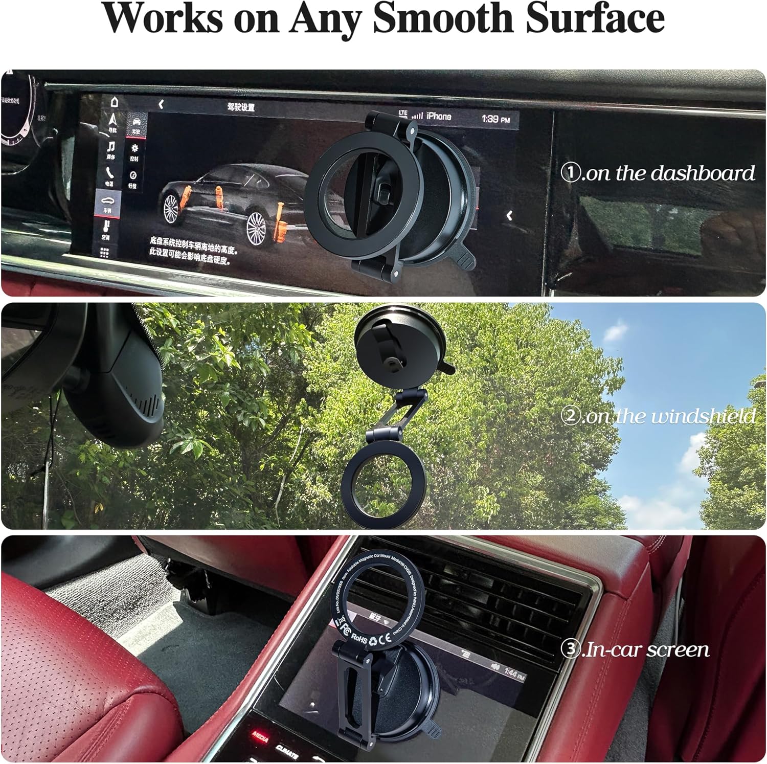 FHDFHD for MagSafe Car Mount Magnetic Phone Holder 360°Rotation Suction Cup Phone Mount for Car Foldable Adjustable Stable Cradle Compatible with iPhone 17/16/15/14/13/12 Series Android