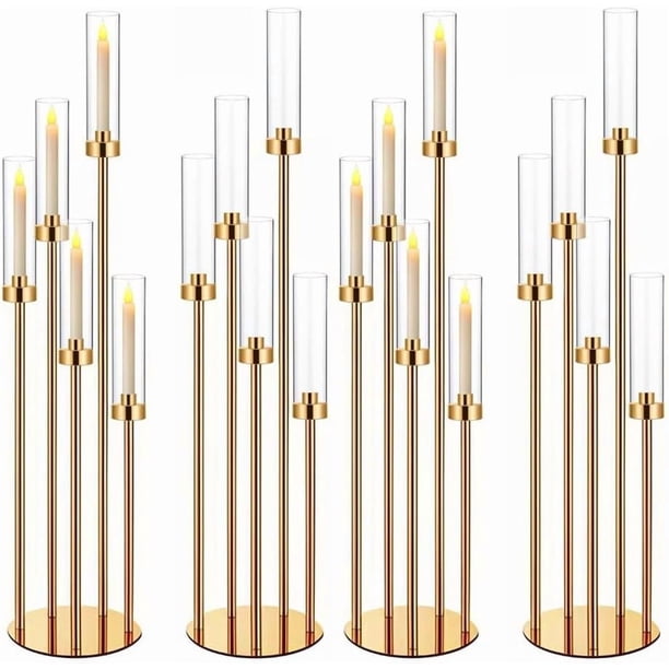 Centros de mesa de candelabro dorado de 42.5 pulgadas para mesas, candelabros, decoración de mesa, decoración de mesa, 5 brazos, juego de 4 pantallas de acrílico para velas LED de 0.9 pulgadas