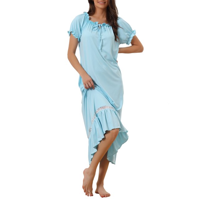 Noche de Victoria para Mujeres INSPIRE CHIC con Volantes, Manga Corta, Cuello con Cinta, Camisón de Pijama, Vestido de Sueño, Azul