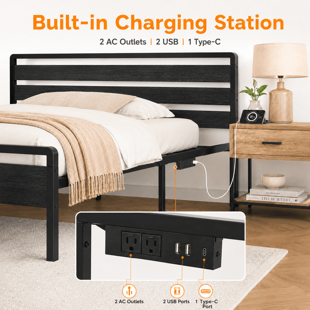 Zimtown Full Platform Bed Frame with 12-Inch Under-Bed Storage, LED Lighted Headboard & Footboard, Modern Apartment Bedroom,Black
