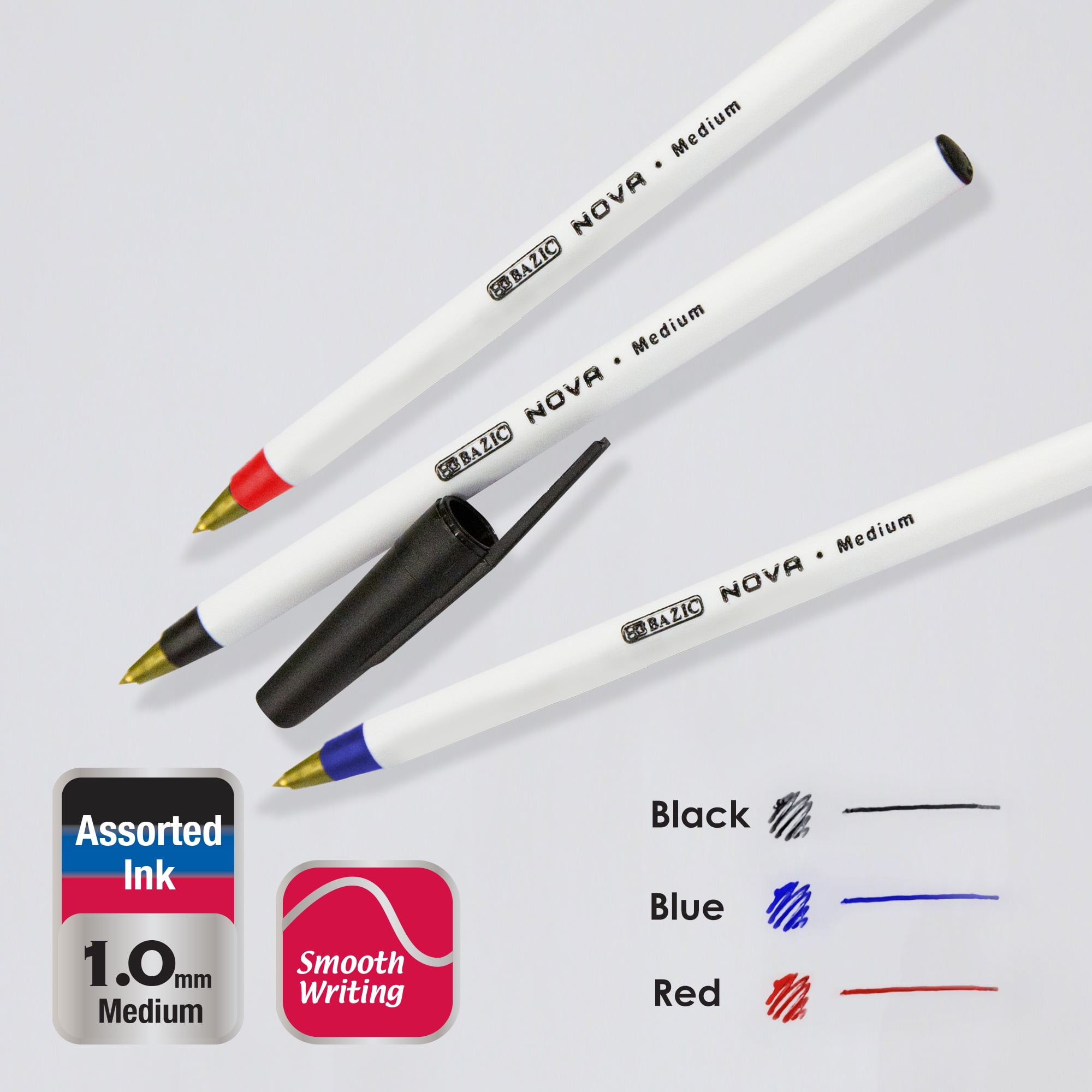 BAZIC Ballpoint Nova Assorted Color Stick Pens, 1.0mm, (12/Pack), 24-Pack