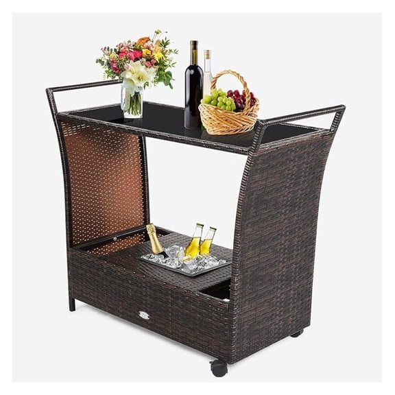 RELAX4LIFE Outdoor Wicker Bar Cart with Removable Ice bucket, Patio Serving Counter Table with Glass Top & Wheels, Storage Compartments Rattan Rolling Trolley for Pool, Backyard,Porch Wine Cart, Brown