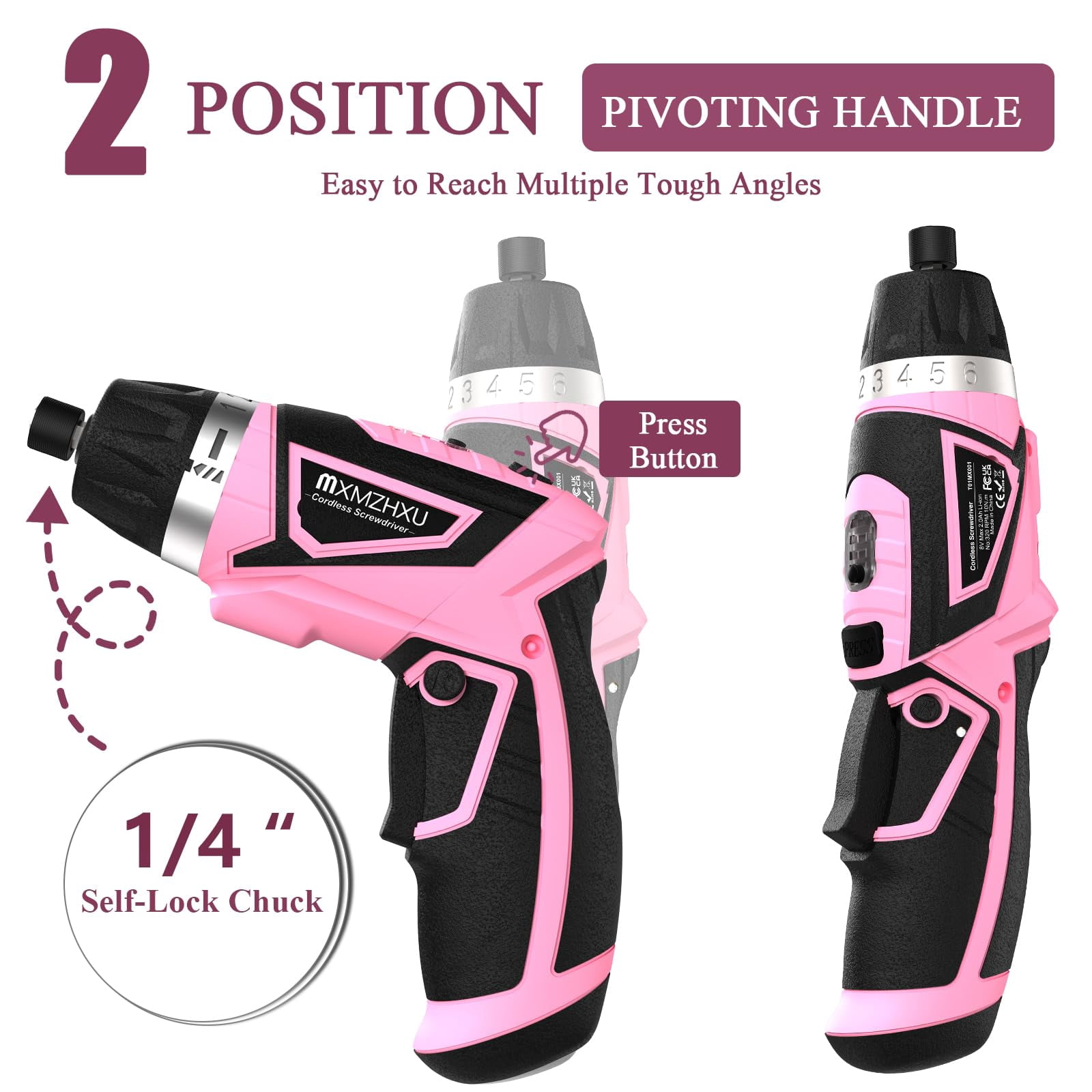 Cordless Screwdriver, 47 in 1 Rechargeable Electric Screwdriver with LED Light, 8V Rechargeable Screw Gun, 5.5 N.m Drill Drivers Ideal for Furniture Assembly, Home DIY Projects (Pink)