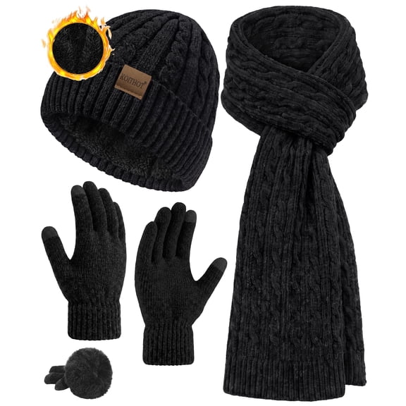 KOITHOT 3 Pcs Women Winter Beanie Hat Gloves Scarf Set, Chenille Winter Hat with Thick Soft Touch Screen Gloves Long Warm Scarf Knitted Black