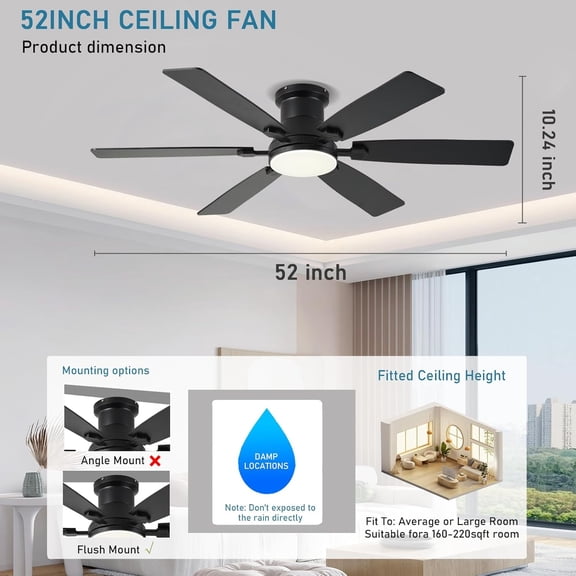 52inch Low  Ceiling Fan with Light and Remote/APP Control, LED Dimmable  Reversible Modern Flush Mount 6 Blade Black for Bedroom Living Room Outdoor