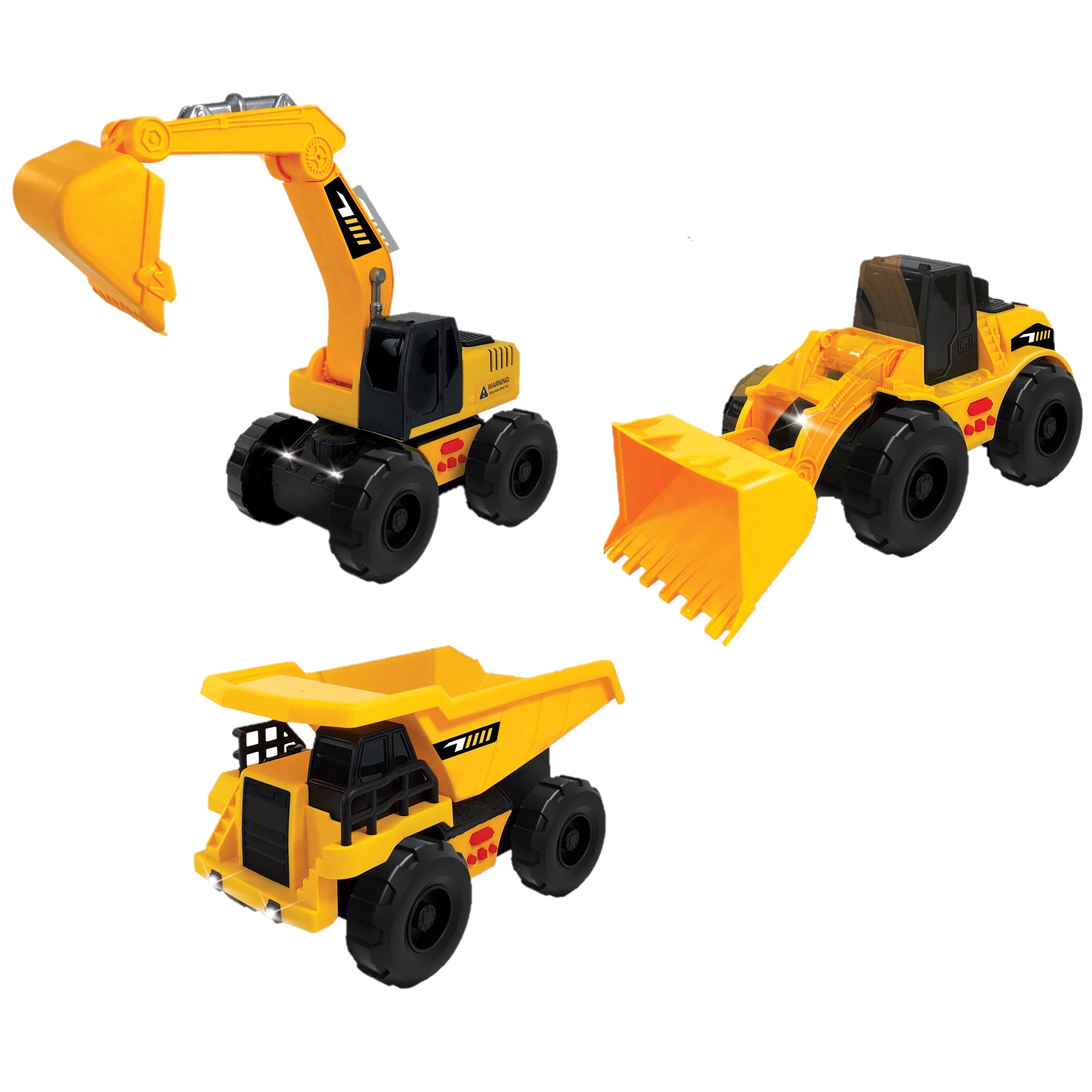 Mighty Tuff Crew Lights & Sounds 3-Pack Vehicles Set, Friction Powered Dump Truck, Excavator and Earth Mover Vehicle Set, Children Ages 3 Years and Up