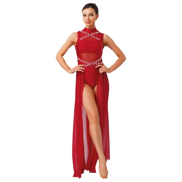 renvena Costumes de Danse Lyrique pour Femmes Robe Maxi Sans Manches à Col Roulé Dos Nu en Tulle Bourgogne G