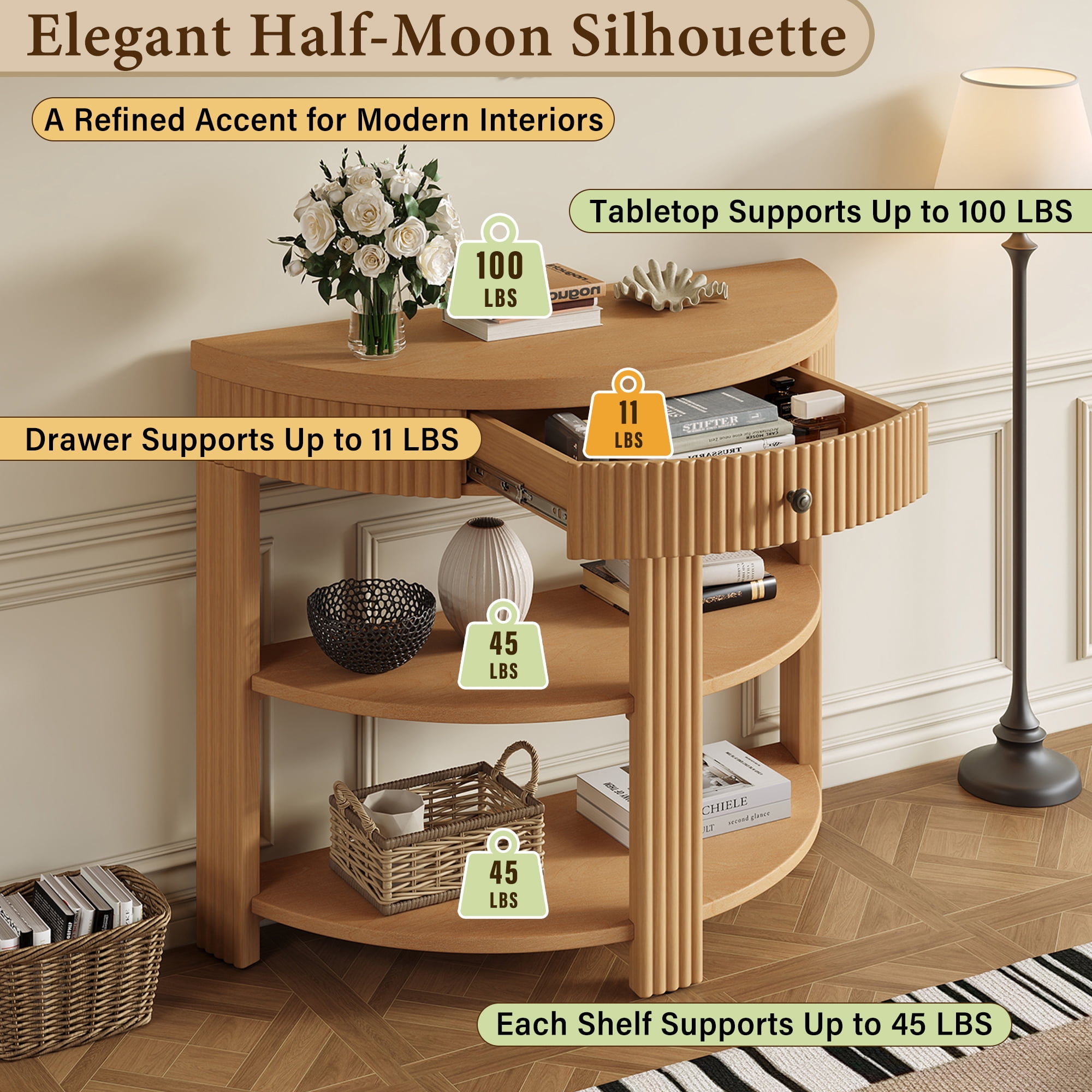 Euroco Half Moon Console Table with 1-Drawer, Fluted Entryway Table with 2 Open Storage Shelves,3-Tier Sofa Table for Living Room, Hallway, Foyer,Natural