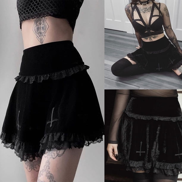 Txlixc Falda con bordado cruzado para mujer Falda elegante con ribete de encaje para mujer Txlixc Sexy