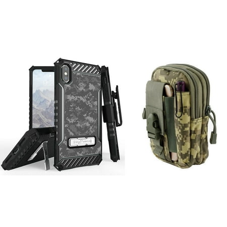 Acu Digital Camo Velcro Beyond Cell Military Grade Shock Proof Kickstand Belt Holster Clip Case (Digital Pixel Camo) with ACU Camo Tactical EDC MOLLE Belt Bag Pouch and Atom Cloth for iPhone Xs Max ()