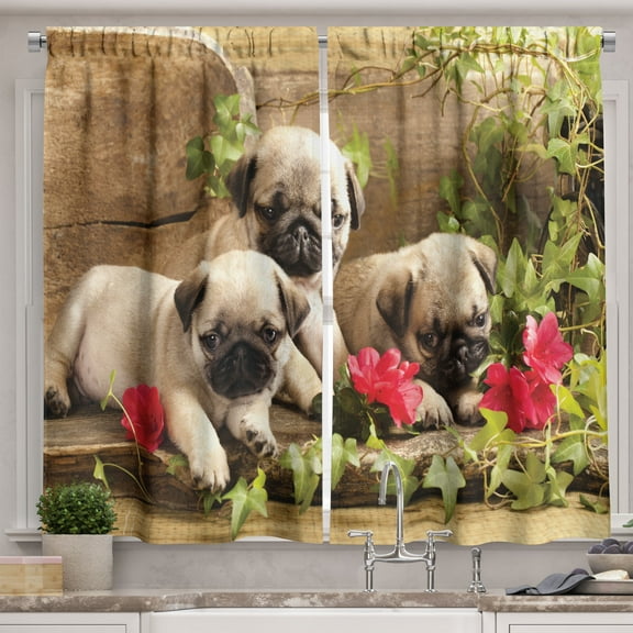 Ambesonne Pug Kitchen Curtains, Sibling Puppies Flowers, 55"x39", Fern Green Eggshell