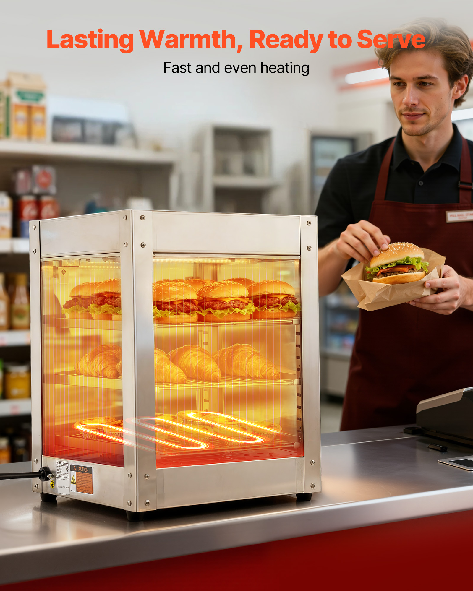 VEVOR 3-Tier Commercial Food Warmer Display, 800W Food Display Warmer with LED Light, Adjustable Shelf and Stainless Steel Frame, 86℉~185℉ Air Heating, 34L for Hamburger, Pizza, Bread, Fried Chicken