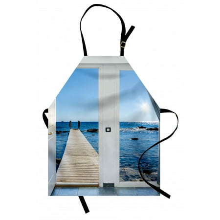 

Beach Apron Coastal Theme with the Ocean Sea Sunny Day Scenery with Patio from Window Unisex Kitchen Bib Apron with Adjustable Neck for Cooking Baking Gardening Pale Blue and White by Ambesonne