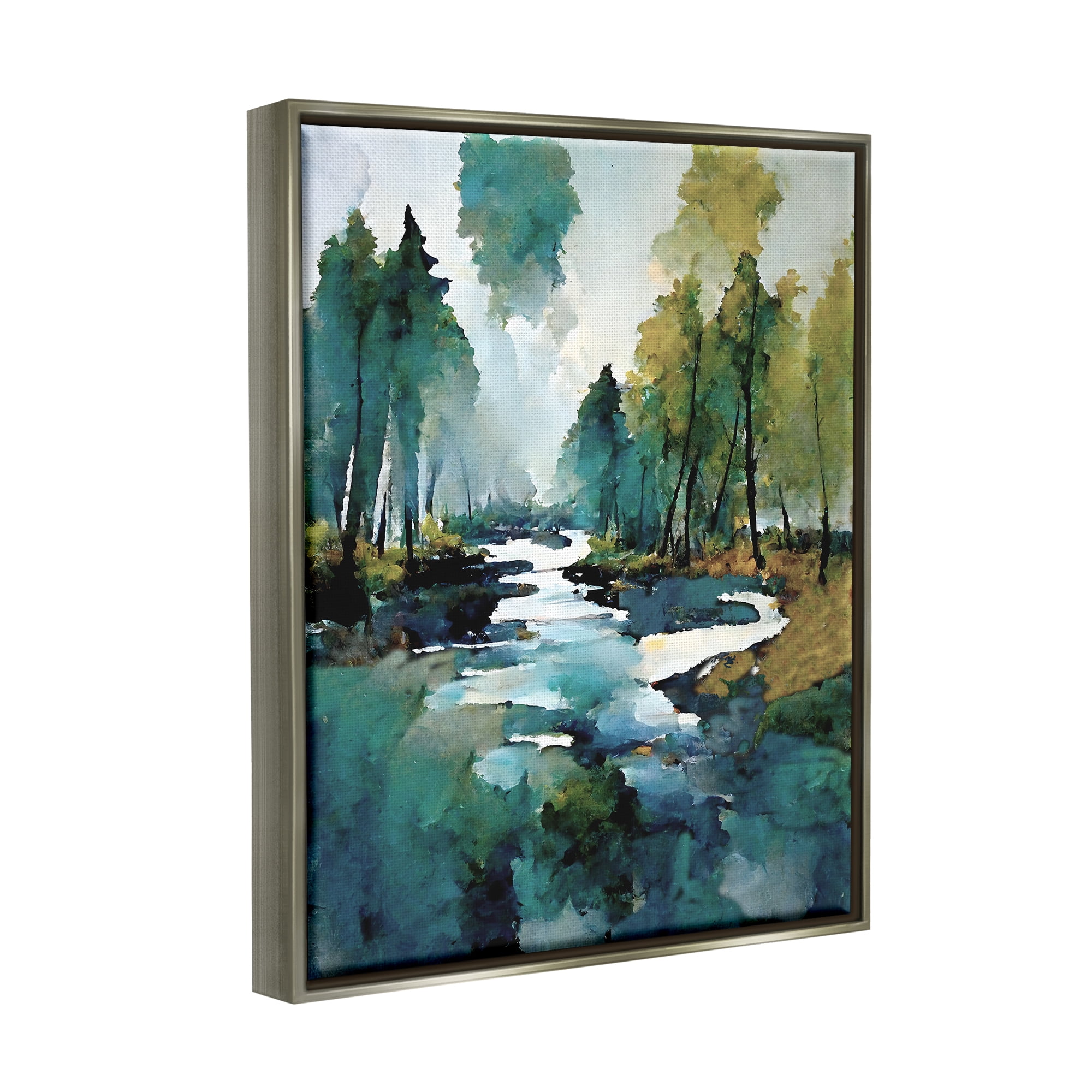 Stupell Industries Woodland Creek Painting Landscape Painting Gray Floater Framed Canvas Art Print Wall Art, 17 x 21