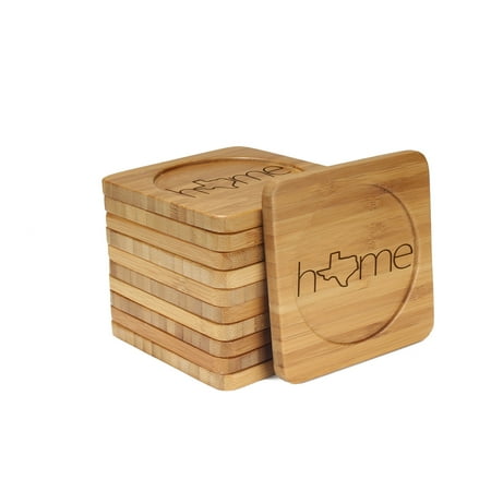 

Engraved Square Bamboo Coaster - Home w/ State - Style 2 - Texas - 4 Coasters