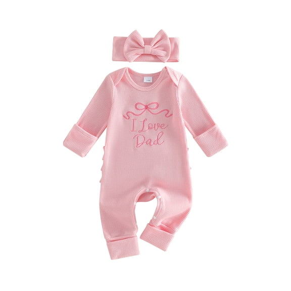 BemeyourBBs Newborn Baby Girls Mother's Day Father's Day Outfit Infant Baby Girls Spring Fall Winter Clothes Waffled Romper I Love Mom Dad Letter Bow Sleeves Jumpsuits and Cute Headband Set