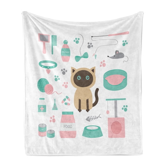 Cat Lover Soft Flannel Fleece Throw Blanket, Cartoon Style Surprised Looking Siamese Among Pastel Colored Cat Related Items, Cozy Plush for Indoor and Outdoor Use, 50" x 60", Multicolor, by Ambesonne