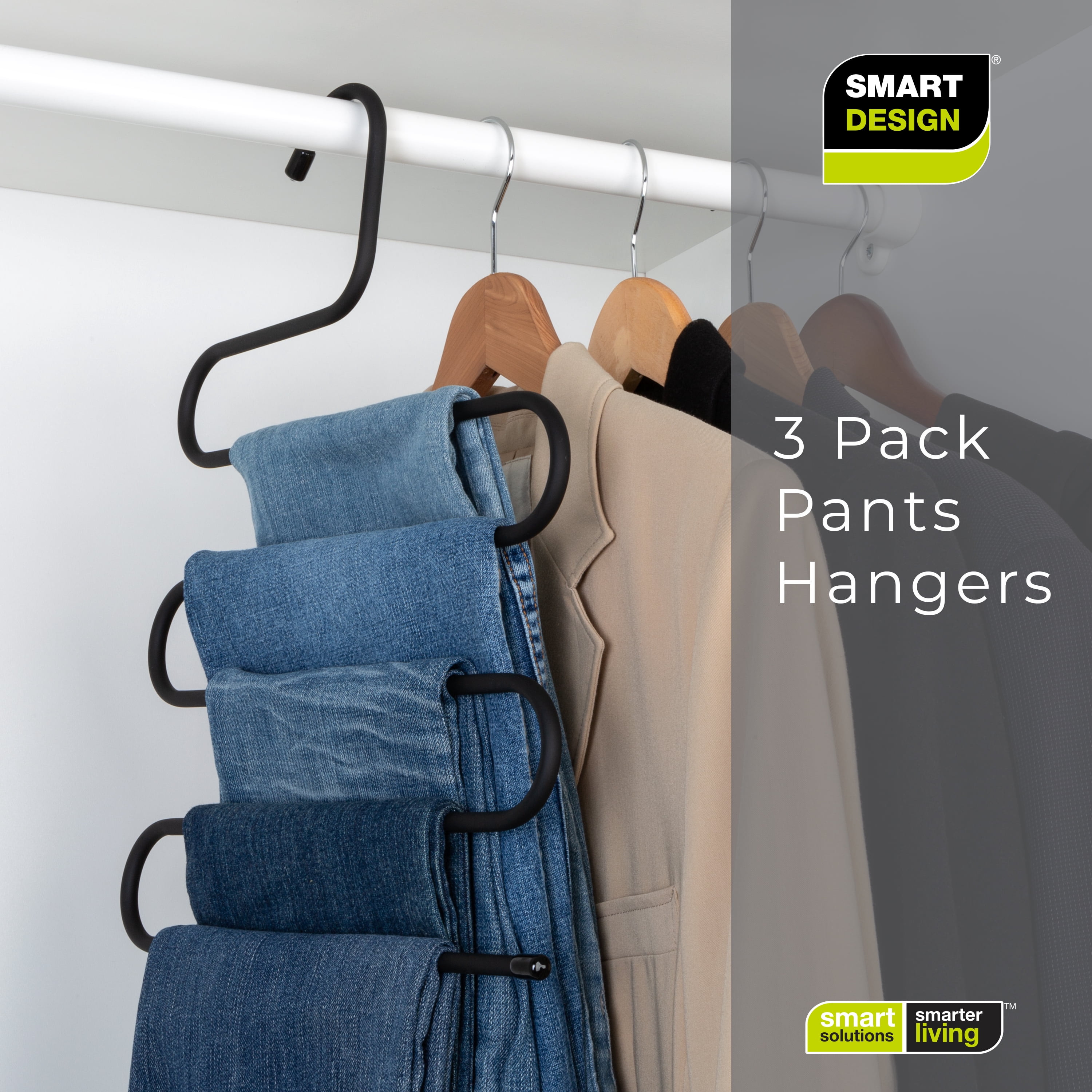 Smart Design Rubberized Stainless Steel Pant Hangers - Set of 3 - Sturdy Space Saving 5-Tier S-Type Rack - Metal Closet Organizer for Multiple Jeans, Clothes, Skirts and Trousers Storage - Black