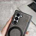 thumbnail image 2 of Vintage PU Leather Case for Samsung Galaxy Z Fold 6, with Hinge Protection, Rotating Magnetic Ring Kickstand, Slim Drop-Proof Hard PC Phone Cover, Classic Style Protective Case, Black, 2 of 8