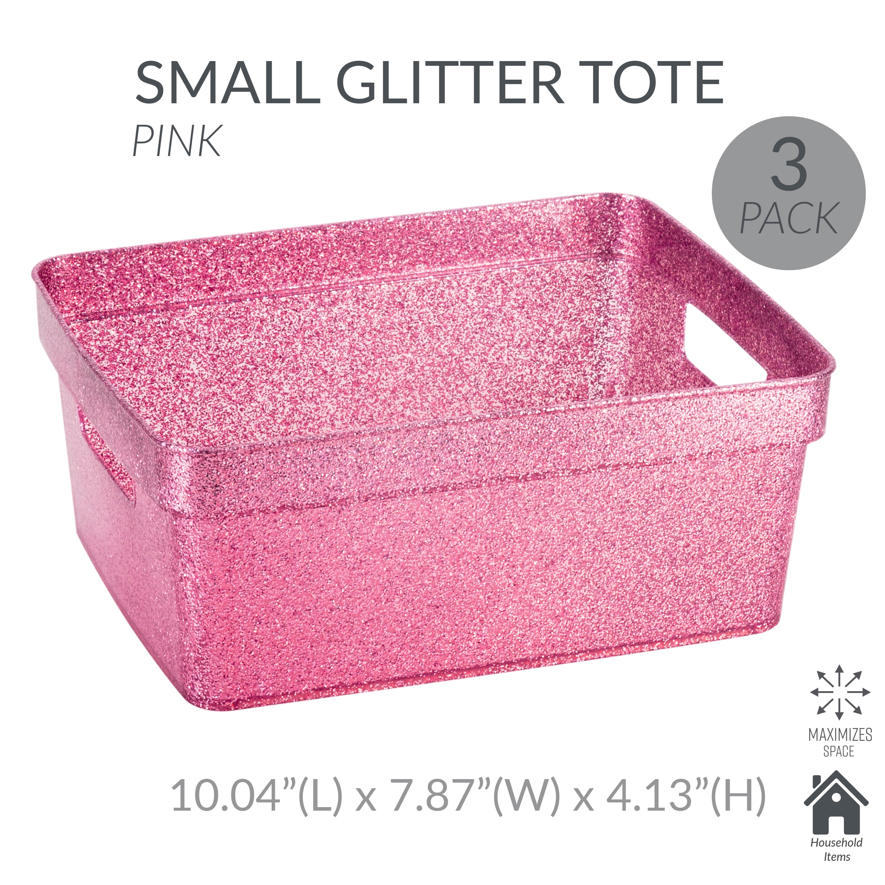 Simplify 3 Pack Small Plastic Glitter Storage Tote Baskets, Pink