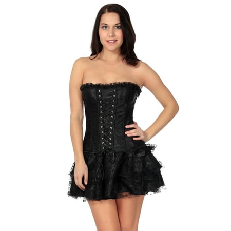Black Lace Up Corset - Lace Boned Lace up Back Corset Bustier Dress Lingerie Set, Black, XL