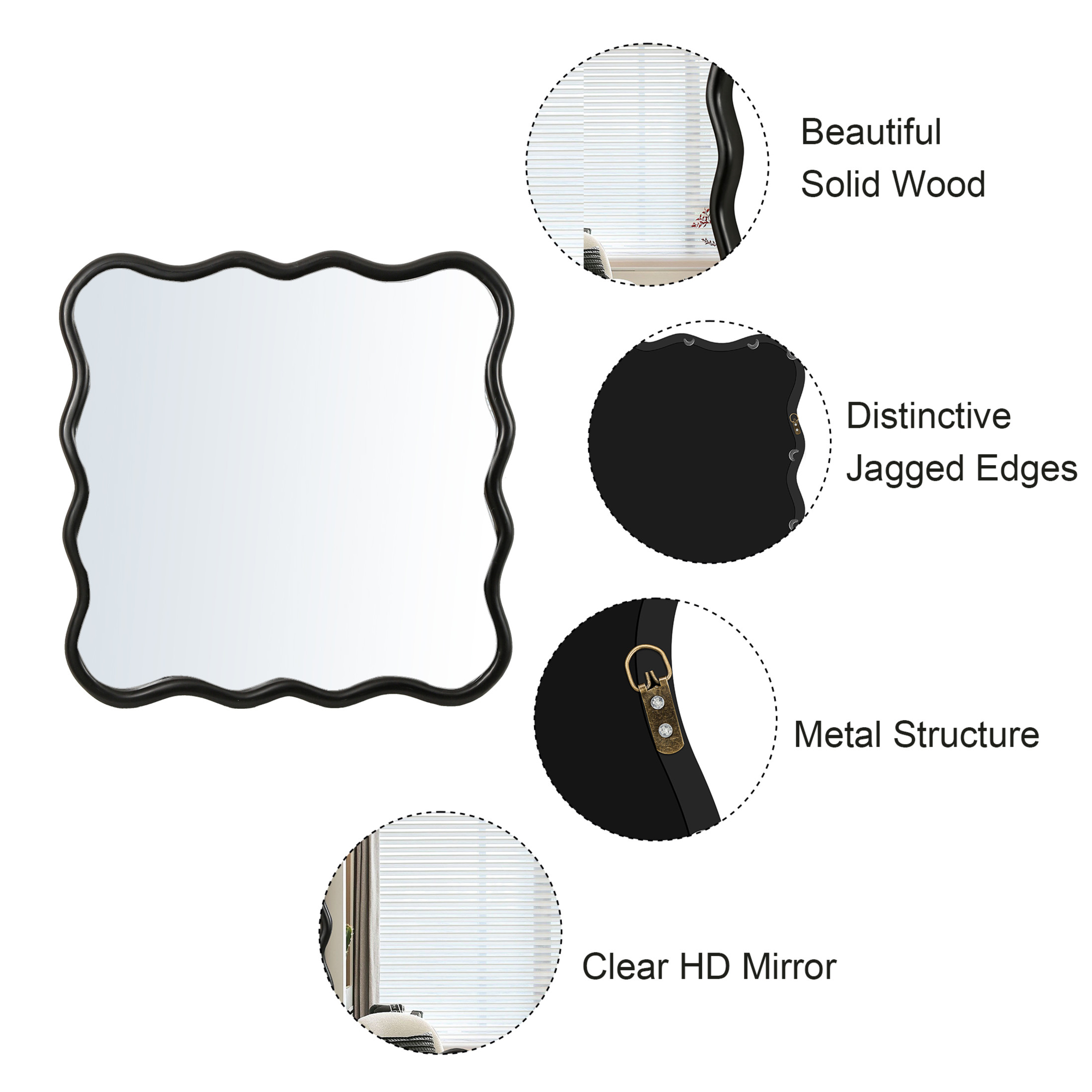 Noble House Wavy Square Solid Wood Mirror, Modern Wall Decor for Bathroom, Bedroom or Entryway, Black